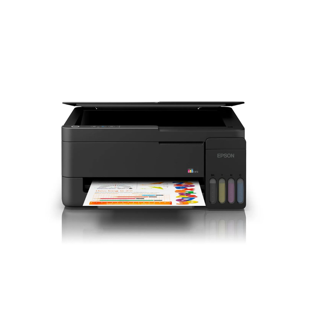 Impresora Epson EcoTank L3351 de frente imprimiendo una hoja a color