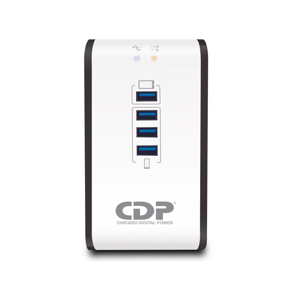 Regulador de voltaje CDP R2CU-AVR1008 vista frontal con puertos USB