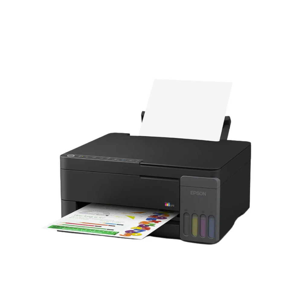 Impresora Epson EcoTank L3351 en ángulo con papel cargado en la bandeja