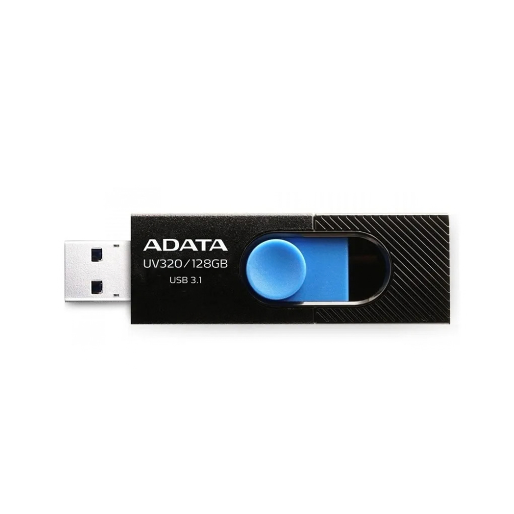 USB ADATA UV320 128GB negra con azul, vista superior del mecanismo retráctil