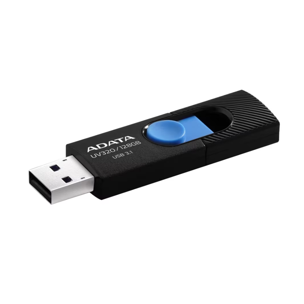 Memoria USB ADATA UV320 128GB negra con azul, vista en ángulo con conector extendido