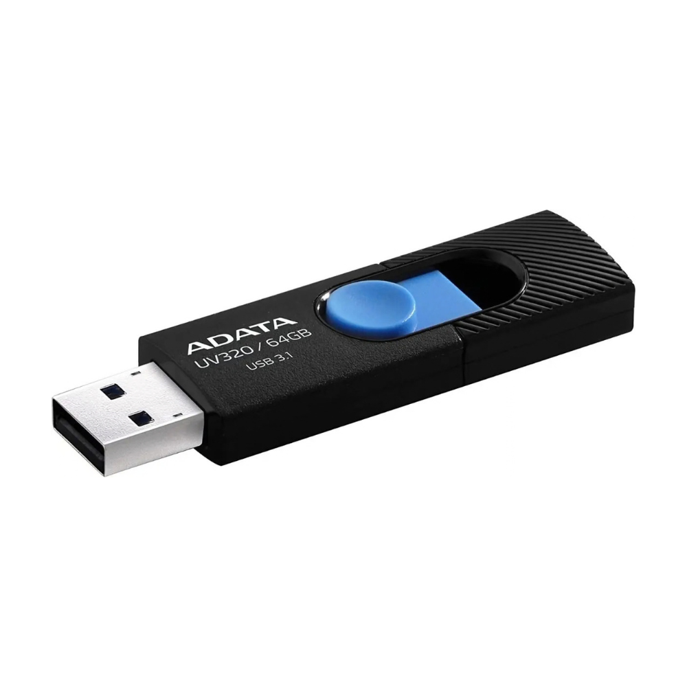 Memoria USB ADATA UV320 64GB negra con azul, diseño retráctil Quick-Slide