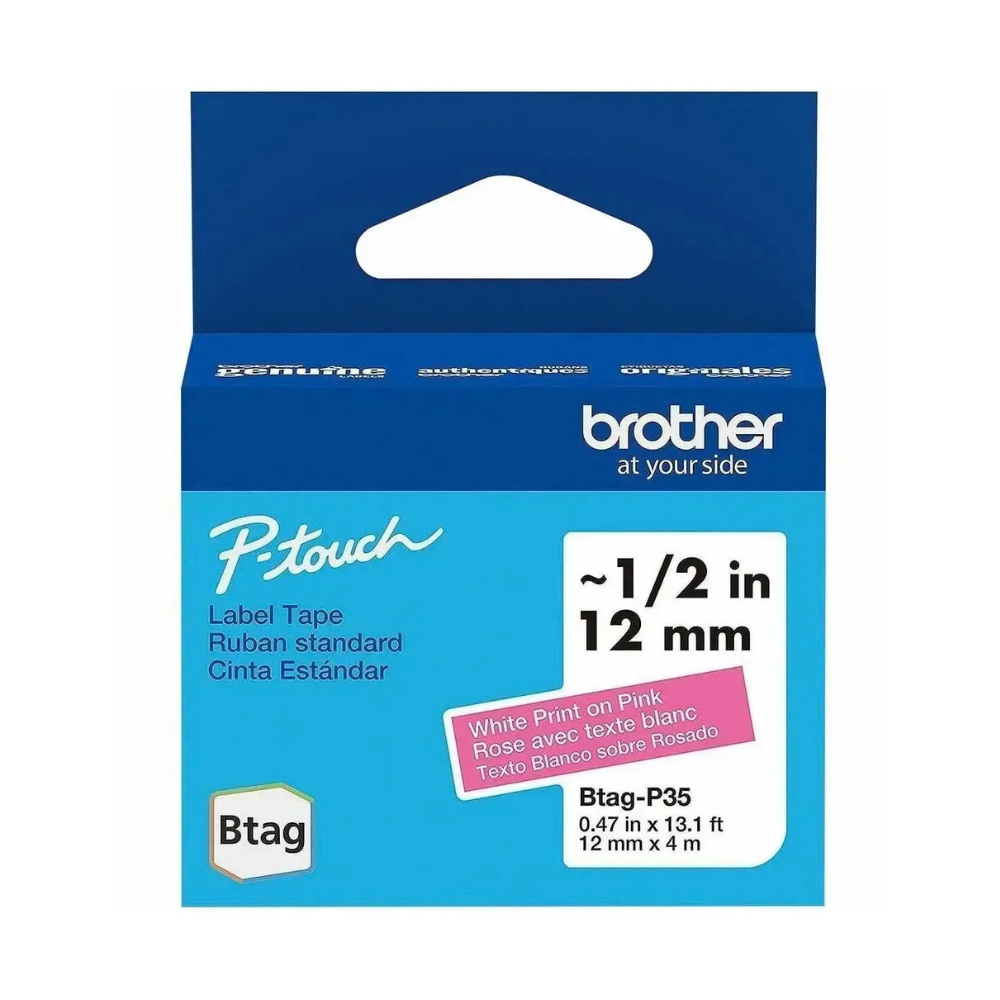 Empaque de la cinta Brother BTAGP35, texto blanco sobre rosa de 12 mm