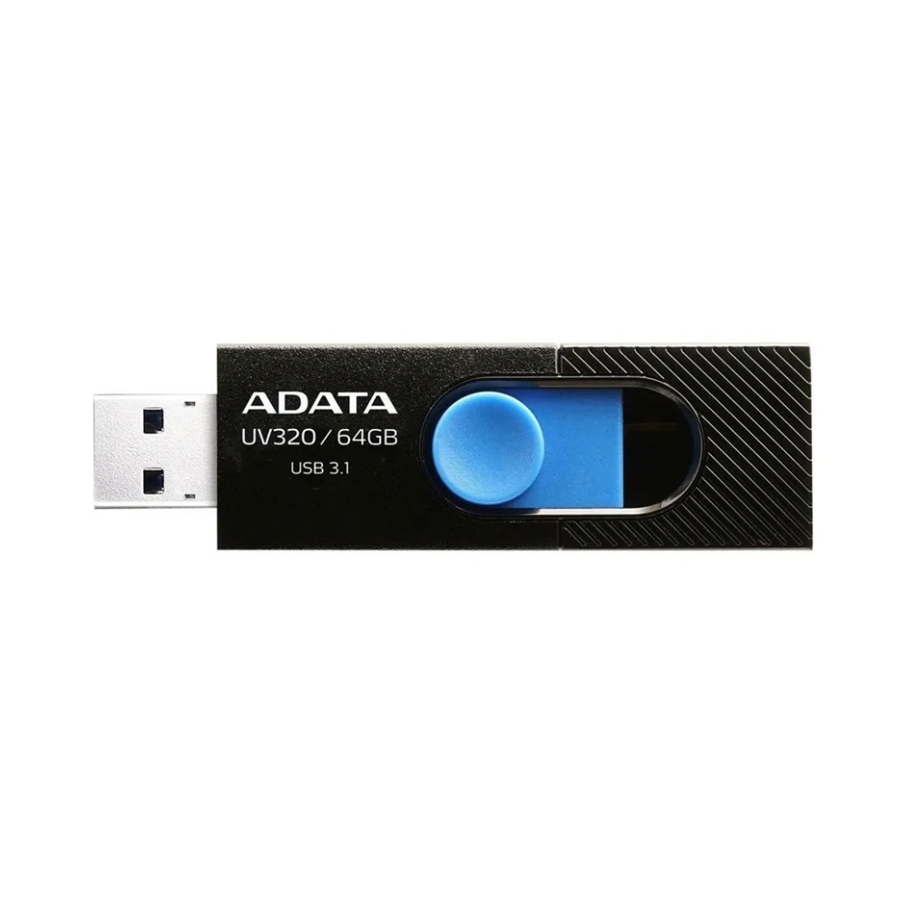 Memoria USB ADATA UV320 64GB negra con azul, diseño retráctil Quick-Slide