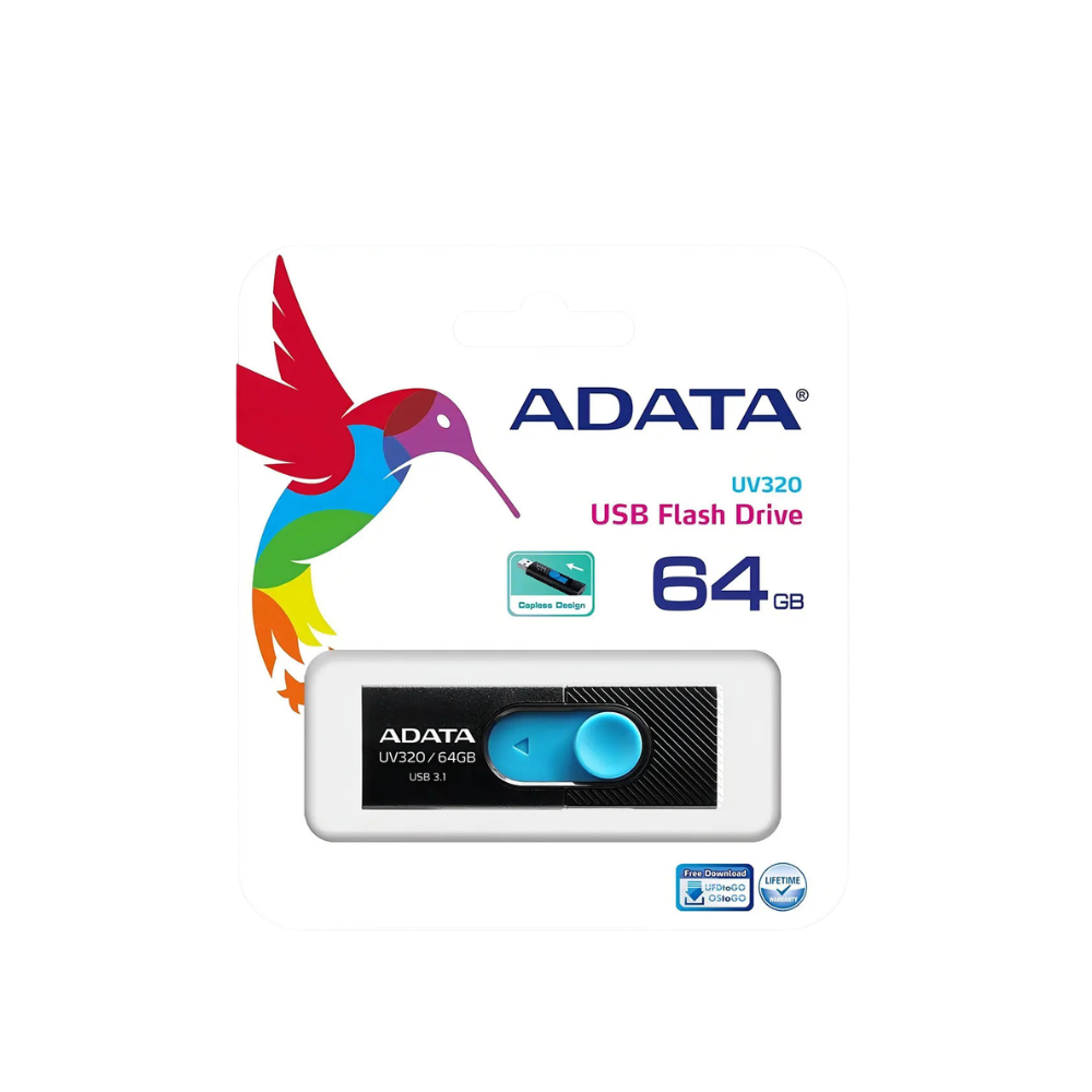 Memoria USB ADATA UV320 64GB negra con azul, diseño retráctil Quick-Slide