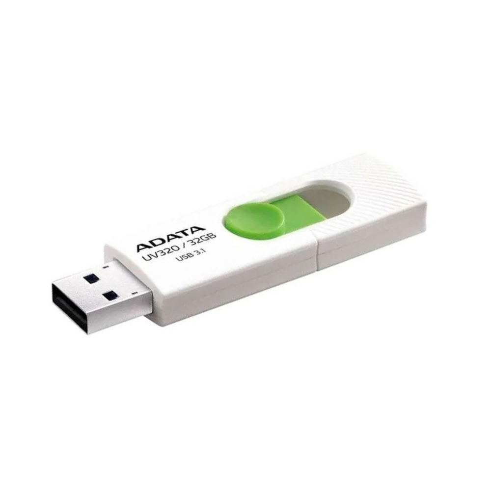 Memoria USB ADATA UV320 32GB blanca con verde, diseño retráctil Quick-Slide