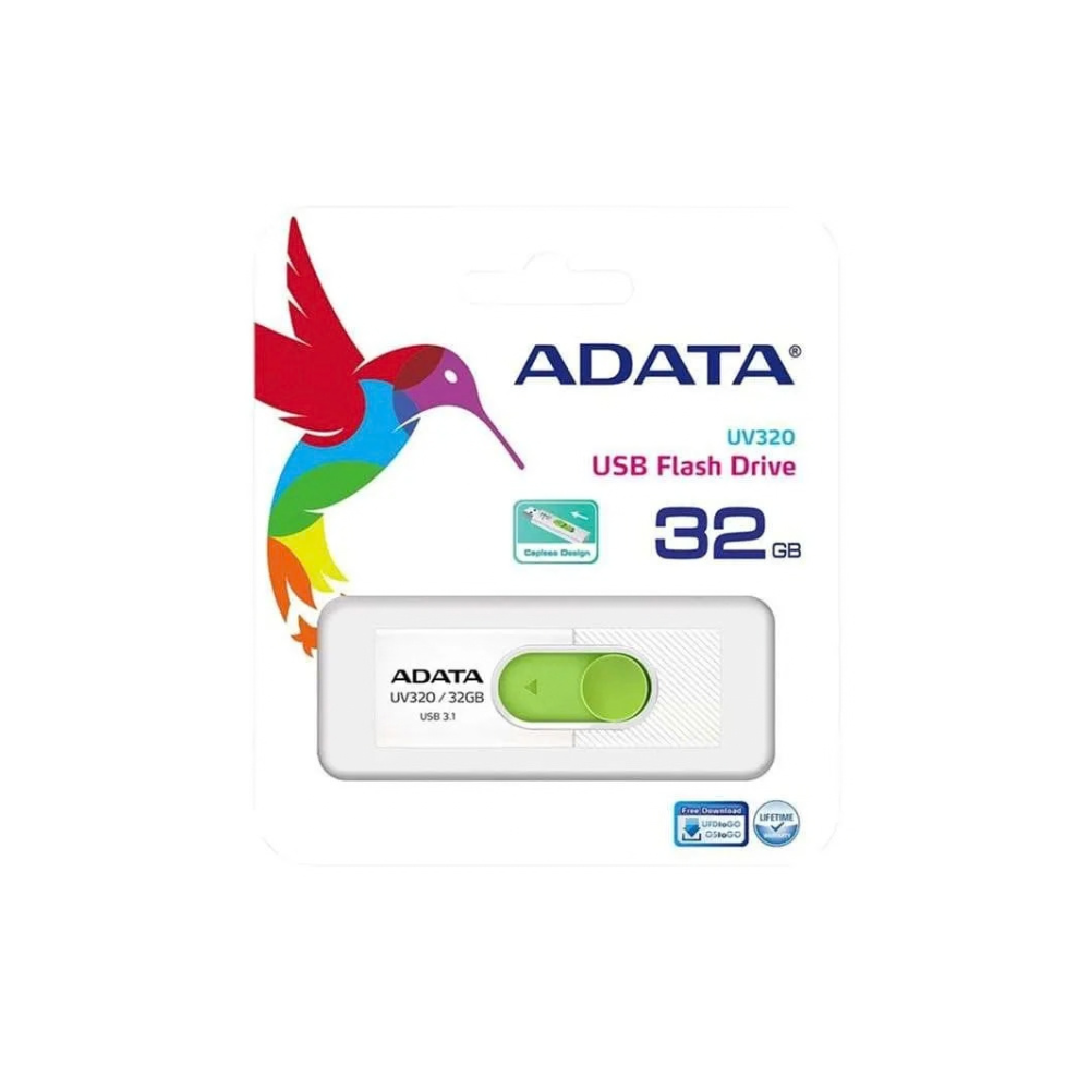 Memoria USB ADATA UV320 32GB blanca con verde, diseño retráctil Quick-Slide