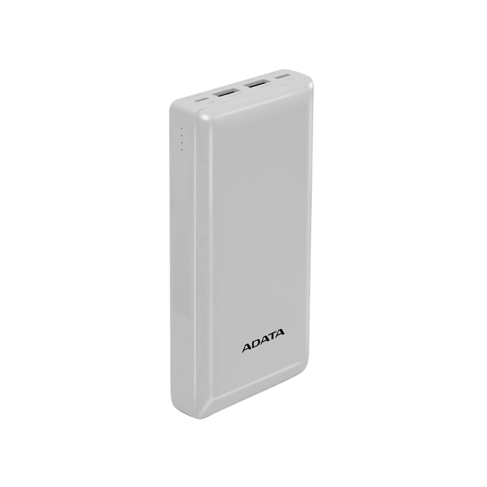 ADATA P20000QCD blanco, vista en ángulo con conectores superiores