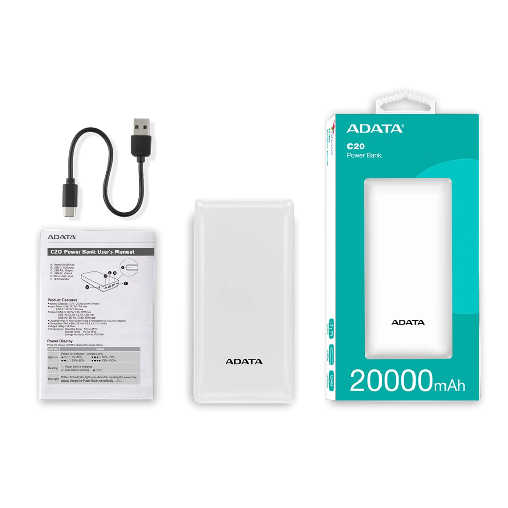 ADATA P20000QCD blanco con cable, documentación y empaque